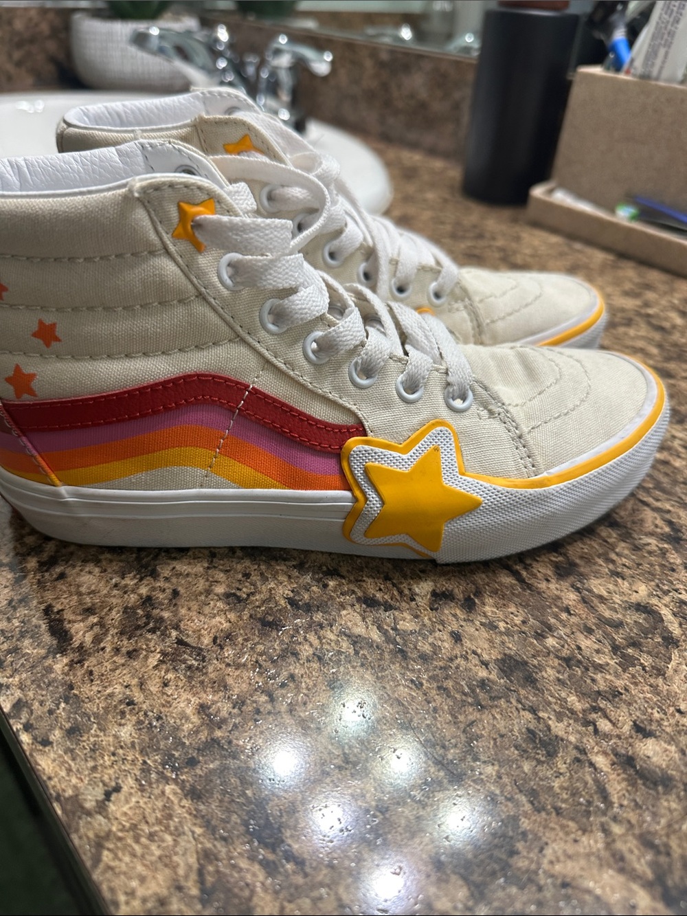 Vans Kids High-Top Sneakers in Cream with Red, Pink, Orange & Yellow Accents